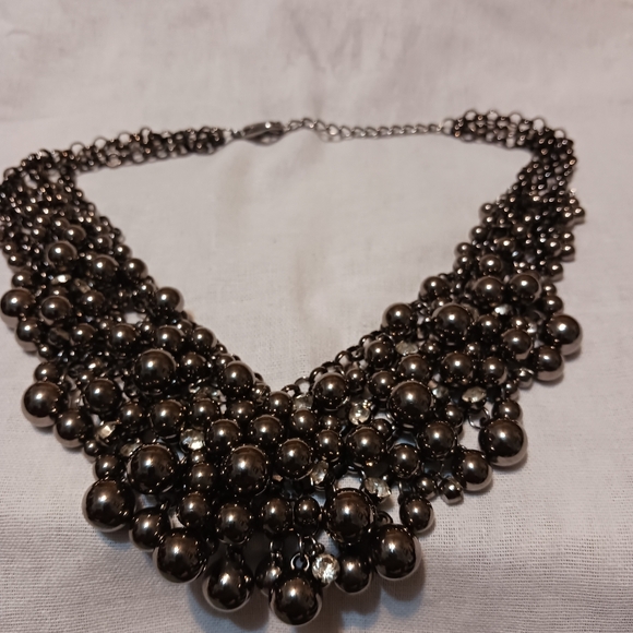 Unique Metal Ball & Rhinestone Statement Necklace- 19" - Picture 5 of 6